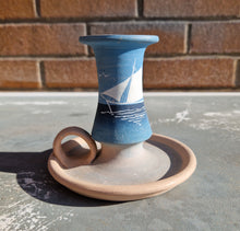 Load image into Gallery viewer, Vintage Agios Nikolaos Stoneware Candlestick Chamber Stick , Hand Painted , Nautical Sea Sail Boat S
