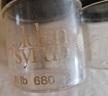 Load image into Gallery viewer, 2 x Fowler's Tate Lyle Golden Syrup Storage Container Jars with Black Lids 70s Advertising
