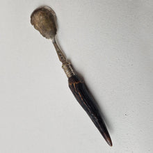 Load image into Gallery viewer, Antique EPNS Silver Plated Spoon with Horn Handle shallow bowl with scalloped shoulders 18cm long
