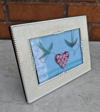 Load image into Gallery viewer, Cream and Silver Photo Frame with Crystal Accents | Romantic Bird &amp; Heart Design | Freestanding or W
