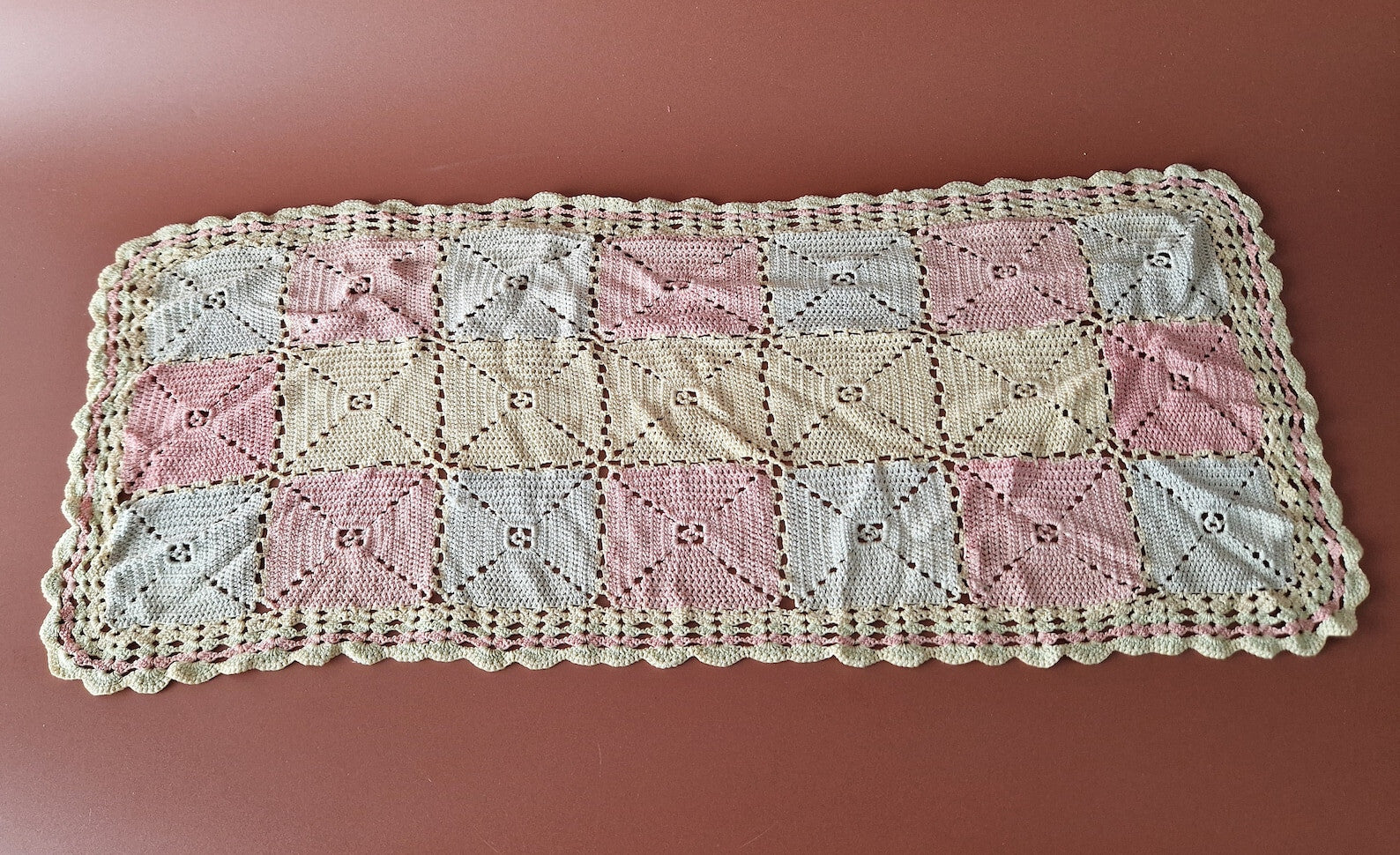 Rare Crochet Doily Ornamental Table Place Mat , Pink Yellow and Grey Colour