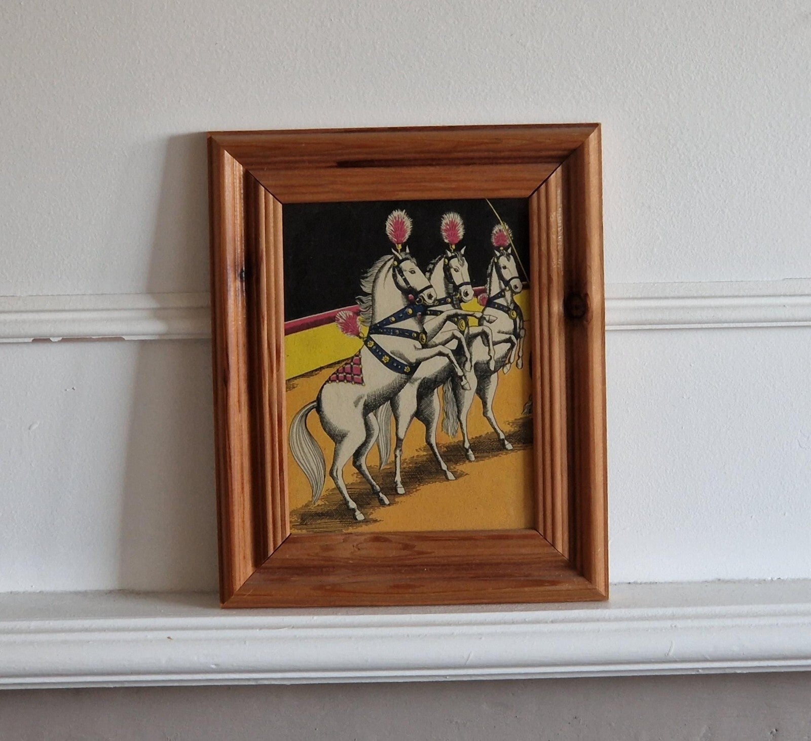 Old  Book Plate Print Picture Frame 3 White Horse Performing At Carnival Circus