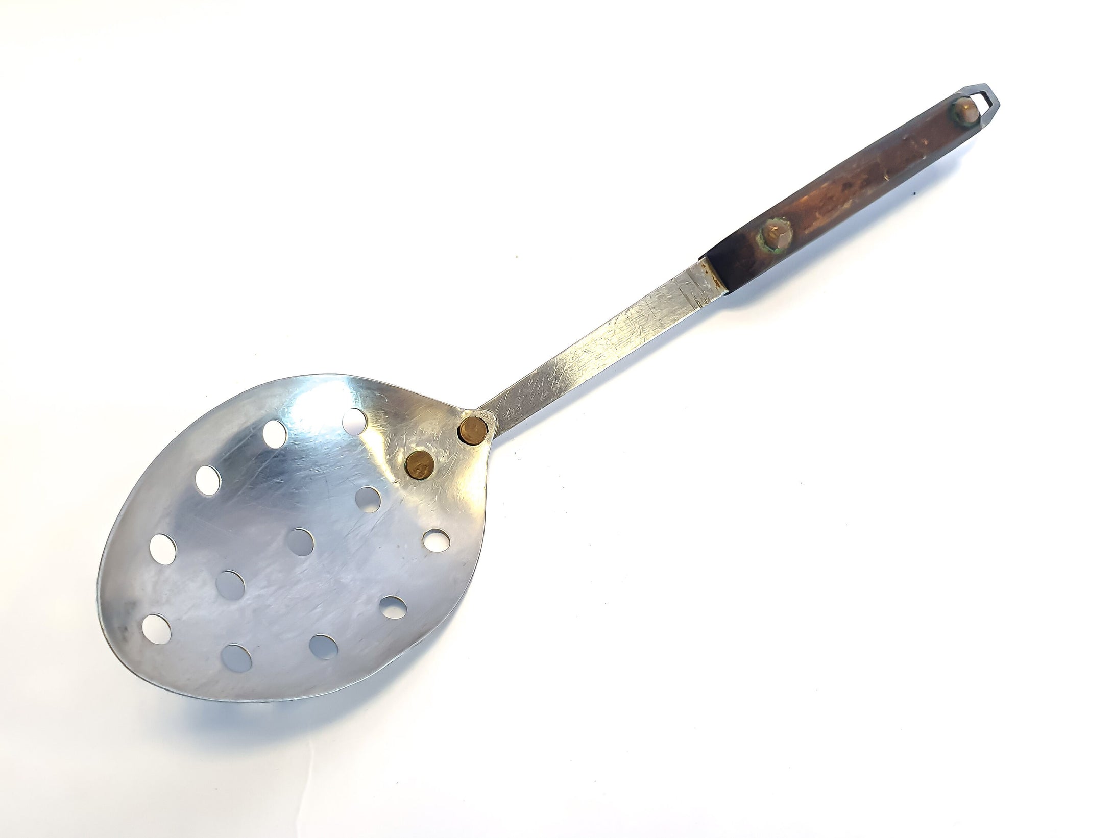 Vintage Stainless Steel Strainer Spoon Utensil, Wooden Handle, Retro Kitchenalia, 30cm Long