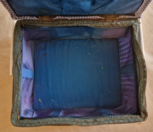 Load image into Gallery viewer, Vintage Blue White Wicker Sewing Box Basket With Handle Blue Satin Material Inside Wicker Sewing
