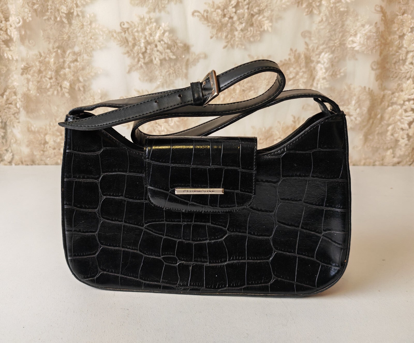 Clubhouse Crocodile Pattern Shoulder Bag by Jane Shilton Black Colour