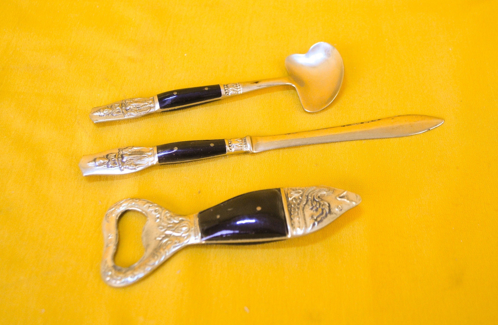 3 Piece Set - Vintage Siam / Thailand Nickel Brass Letter Opener / Can Opener & Wax Melting Spoon wi