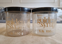 Load image into Gallery viewer, 2 x Fowler's Tate Lyle Golden Syrup Storage Container Jars with Black Lids 70s Advertising
