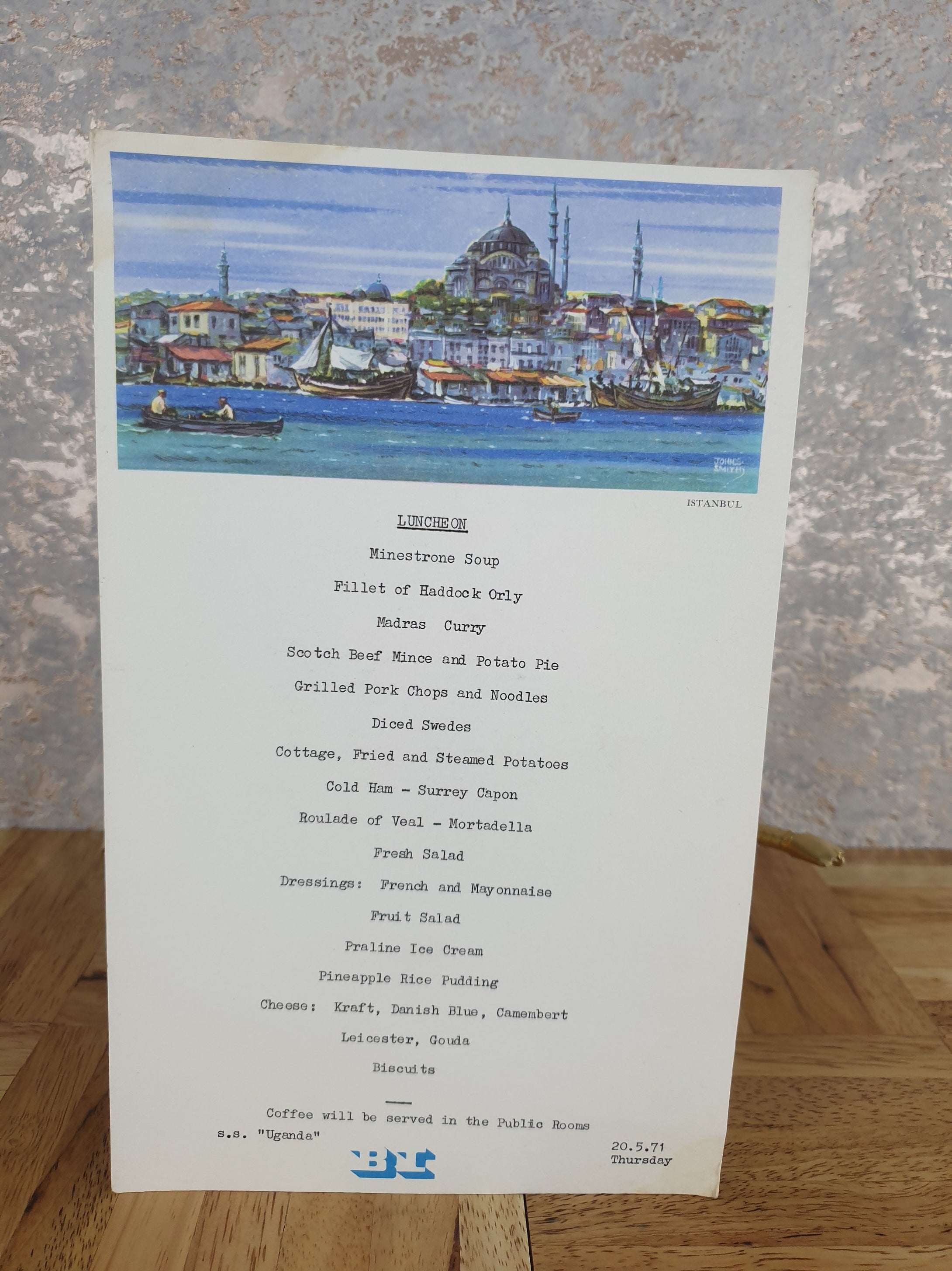 Vintage Hotel B.I Lunch Menu Card From Uganda, Istanbul Scene Theme, Dated Thursday 20th May 1971, 2