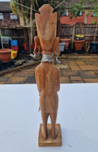 Load image into Gallery viewer, Vintage Wood Carved African Tribal Statue Figure Warrior Hunter With Hunting Sticks and Metal Neckla
