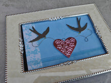 Load image into Gallery viewer, Cream and Silver Photo Frame with Crystal Accents | Romantic Bird &amp; Heart Design | Freestanding or W
