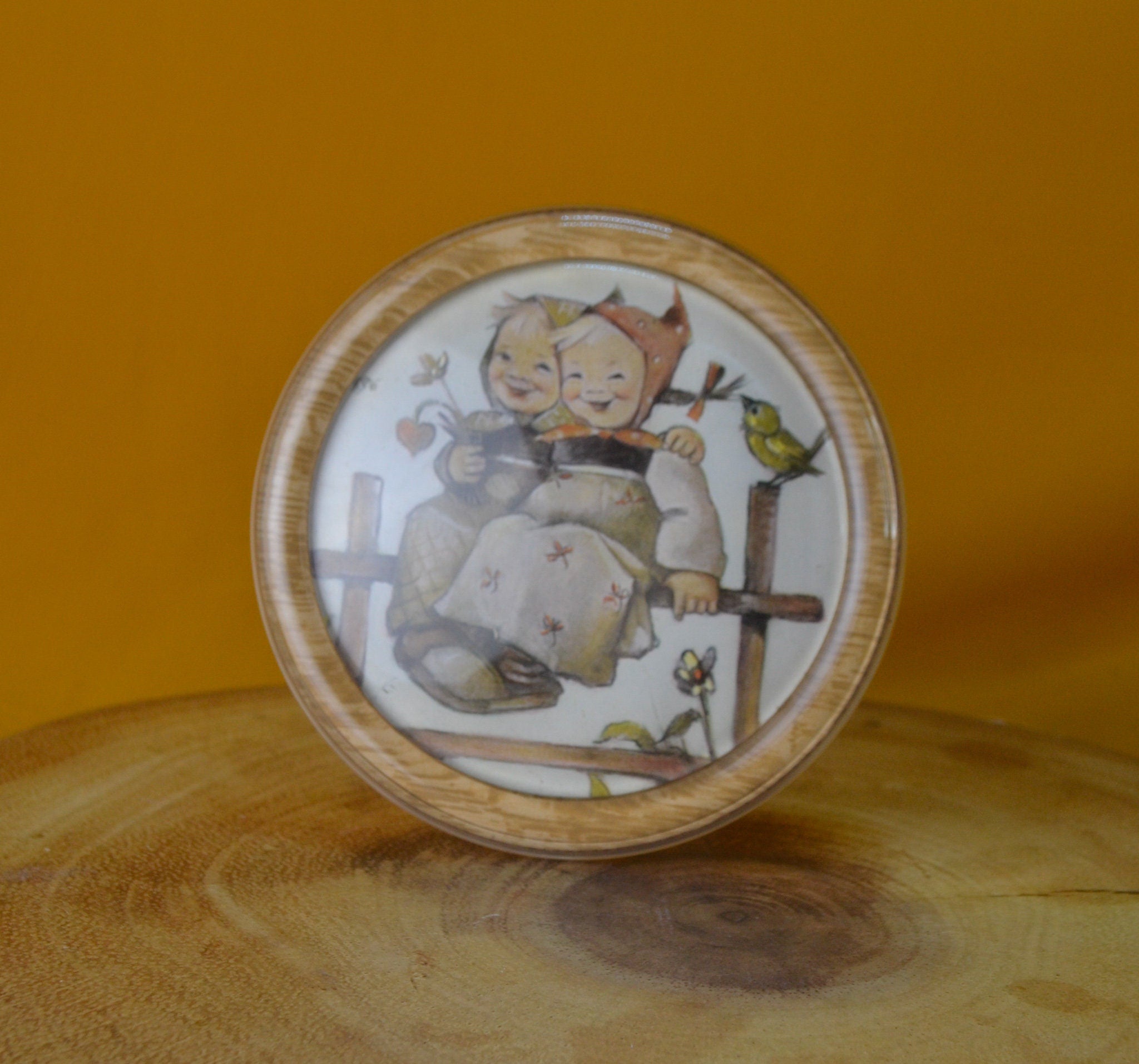 Vintage Print Of 2 Smiling Children with birds and flowers in  Round Clear Plastic Picture Frame, Wa