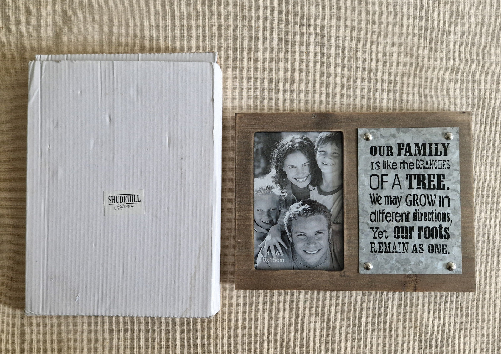 Shudehill Giftware Wooden Photo Frame with Quote On Metal Our Family Memories