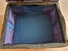 Load image into Gallery viewer, Vintage Blue White Wicker Sewing Box Basket With Handle Blue Satin Material Inside Wicker Sewing
