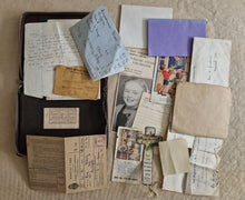 Load image into Gallery viewer, 18 x vintage ephemera in a brown wallet: 1952 Calender, Photograph, Envelope, Medical Card, Religiou
