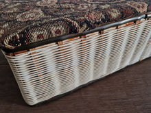 Load image into Gallery viewer, Vintage Tapestry Wicker Woven Sewing Box Basket Pin Cushion Satin Interior
