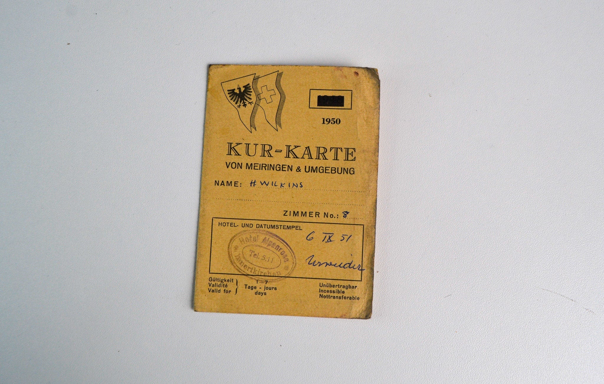 Vintage German Hotel Discount Card: Kurkarte von meiringen umgebung (Kurkarte of Meiringen surroundi