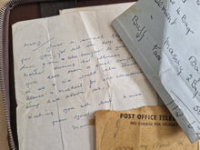 Load image into Gallery viewer, 18 x vintage ephemera in a brown wallet: 1952 Calender, Photograph, Envelope, Medical Card, Religiou
