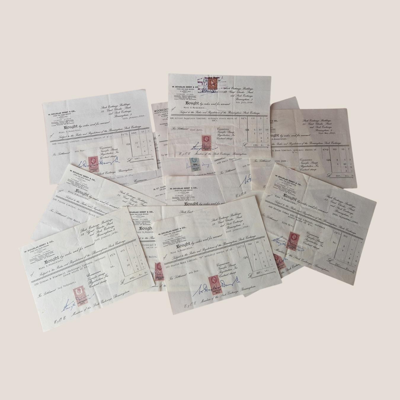 15 x vintage ephemera share / stock certificates statements , W Douglas Derry & Co Stock and Share B