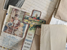 Load image into Gallery viewer, 18 x vintage ephemera in a brown wallet: 1952 Calender, Photograph, Envelope, Medical Card, Religiou
