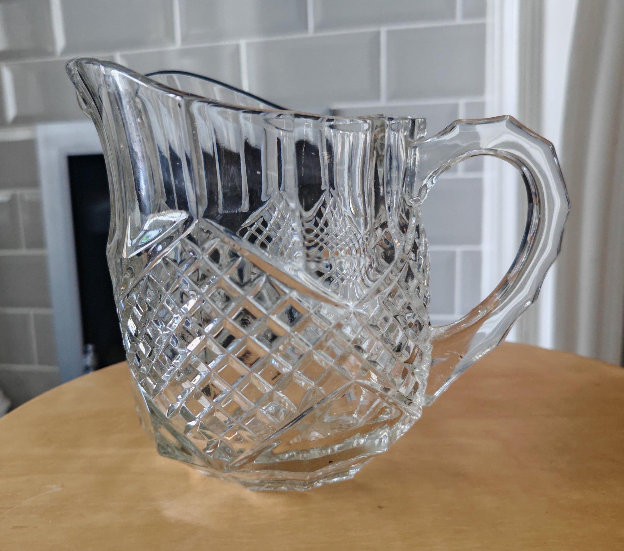 Vintage Cut Glass Jug | Pressed Crystal Water Pitcher | 16cm Tall | Starburst & Crosshatch Design |