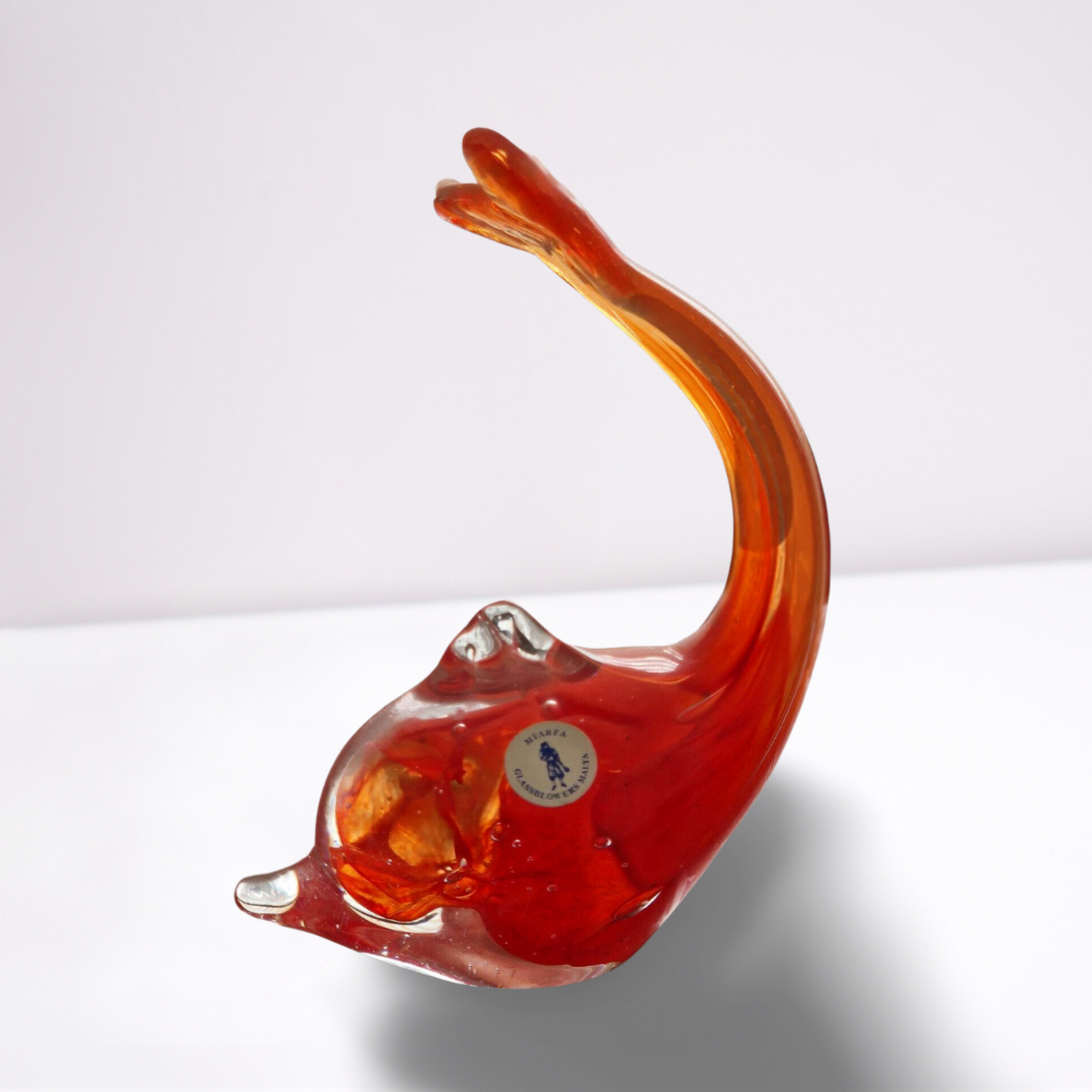 Art Glass Dolphin MTARFA Malta Paperweight Figurine Orange and Clear Colours