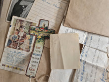 Load image into Gallery viewer, 18 x vintage ephemera in a brown wallet: 1952 Calender, Photograph, Envelope, Medical Card, Religiou
