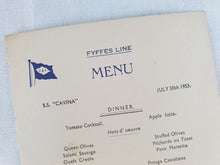 Load image into Gallery viewer, Vintage Fyffe Line Cavina Sailing Ship Dinner Menu.  July 30th 1953, Collectable Ephemera Memorabili
