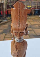 Load image into Gallery viewer, Vintage Wood Carved African Tribal Statue Figure Warrior Hunter With Hunting Sticks and Metal Neckla

