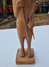 Load image into Gallery viewer, Vintage Wood Carved African Tribal Statue Figure Warrior Hunter With Hunting Sticks and Metal Neckla
