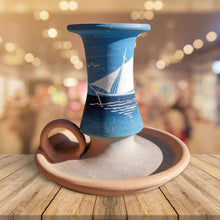 Load image into Gallery viewer, Vintage Agios Nikolaos Stoneware Candlestick Chamber Stick , Hand Painted , Nautical Sea Sail Boat S
