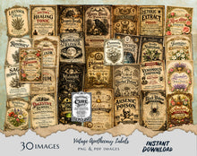 Load image into Gallery viewer, Antique Apothecary Labels Set 30 Vintage Potion, Poison &amp; Botanical Bottle Labels, Gothic Alchemy Printable for Junk Journals, PNG PDF
