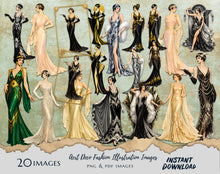 Load image into Gallery viewer, 1920s Art Deco Clipart, Vintage Flapper Women PNG Bundle, Gatsby Fashion Illustrations, Elegant Gold Black Ladies, Retro Digital Download
