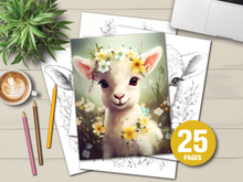 Load image into Gallery viewer, 25 Cute Flower Lambs Coloring Book – For Adults and Kids | Grayscale Coloring Pages | Instant Download | Printable PDF
