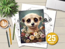 Load image into Gallery viewer, 25 Cute Flower Meerkats Coloring Book – For Adults and Kids | Grayscale Coloring Pages | Instant Download | Printable PDF

