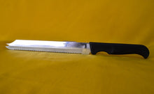 Load image into Gallery viewer, Vintage  Black Plastic Handle  Stainless Steel Kitchen Bread / Steak  Knife, Kitchenali 1990&#39;s,  Quality Steel, 32cm long
