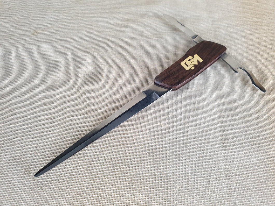 Vintage GM wooden handle letter opener with 2 extra attatchments , pocket knife and tin / bottle opener