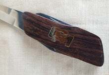 Load image into Gallery viewer, Vintage GM wooden handle letter opener with 2 extra attatchments , pocket knife and tin / bottle opener
