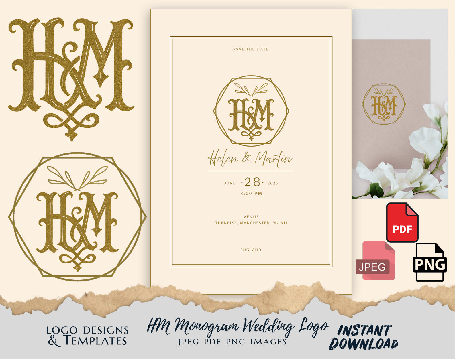 HM Monogram Wedding Logo & Invitation Template Pack – Instant Digital Download