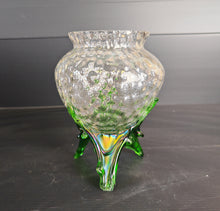 Load image into Gallery viewer, Vintage Clear &amp; Green Glass Iridescent Footed Vase Textured Bubble Design 15.5cm High
