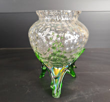 Load image into Gallery viewer, Vintage Clear &amp; Green Glass Iridescent Footed Vase Textured Bubble Design 15.5cm High
