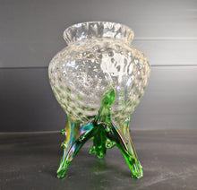 Load image into Gallery viewer, Vintage Clear &amp; Green Glass Iridescent Footed Vase Textured Bubble Design 15.5cm High
