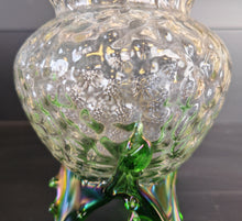 Load image into Gallery viewer, Vintage Clear &amp; Green Glass Iridescent Footed Vase Textured Bubble Design 15.5cm High
