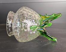 Load image into Gallery viewer, Vintage Clear &amp; Green Glass Iridescent Footed Vase Textured Bubble Design 15.5cm High
