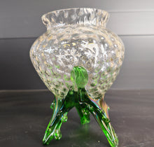 Load image into Gallery viewer, Vintage Clear &amp; Green Glass Iridescent Footed Vase Textured Bubble Design 15.5cm High
