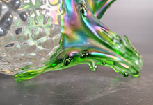 Load image into Gallery viewer, Vintage Clear &amp; Green Glass Iridescent Footed Vase Textured Bubble Design 15.5cm High
