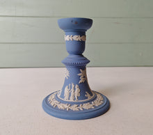 Load image into Gallery viewer, Vintage Wedgwood Blue Jasperware Candlestick Holder – Classical Greco-Roman Design, Made in England
