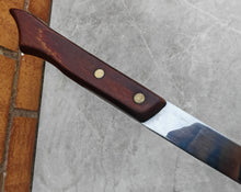 Load image into Gallery viewer, Vintage Friar Ham Slicer Knife with Original Sheath – Sheffield Steel – Wooden Handle – Sanders &amp; Bowers Ltd
