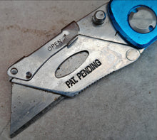 Load image into Gallery viewer, Blue Folding Utility Knife – Multi-Tool Pocket Cutter with Belt Clip – Retractable Blade, Pat Pending Design

