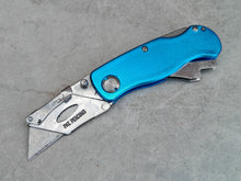 Load image into Gallery viewer, Blue Folding Utility Knife – Multi-Tool Pocket Cutter with Belt Clip – Retractable Blade, Pat Pending Design
