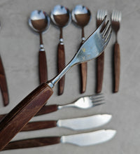 Load image into Gallery viewer, Vintage Wooden Handle Cutlery Set – 12 Piece Flatware – Mid-Century Rustic Tableware – Retro Dining Utensils – Stainless Steel &amp; Wood
